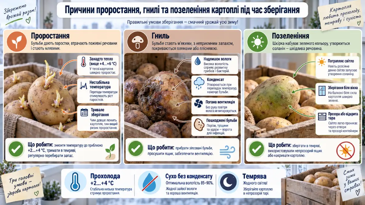 причини проростання, гнилі та позеленіння картоплі під час зберігання