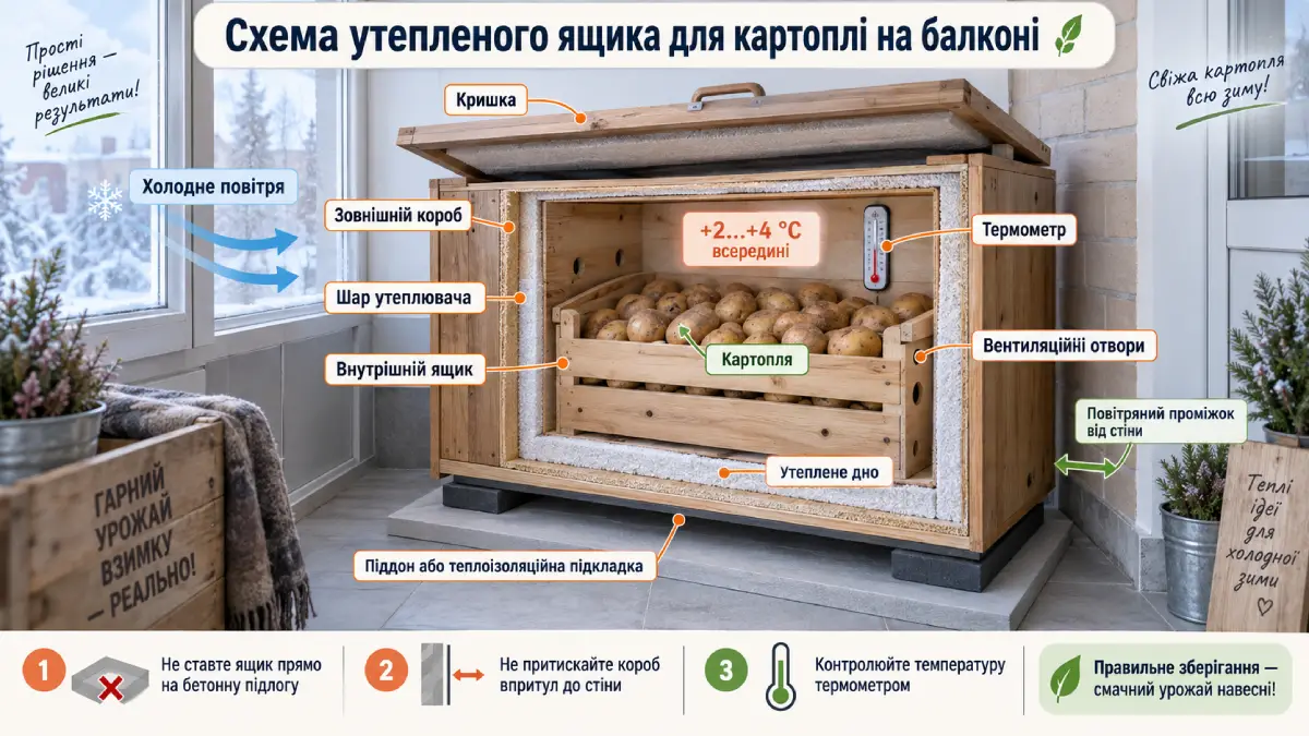 схема утепленого ящика для зберігання картоплі на балконі